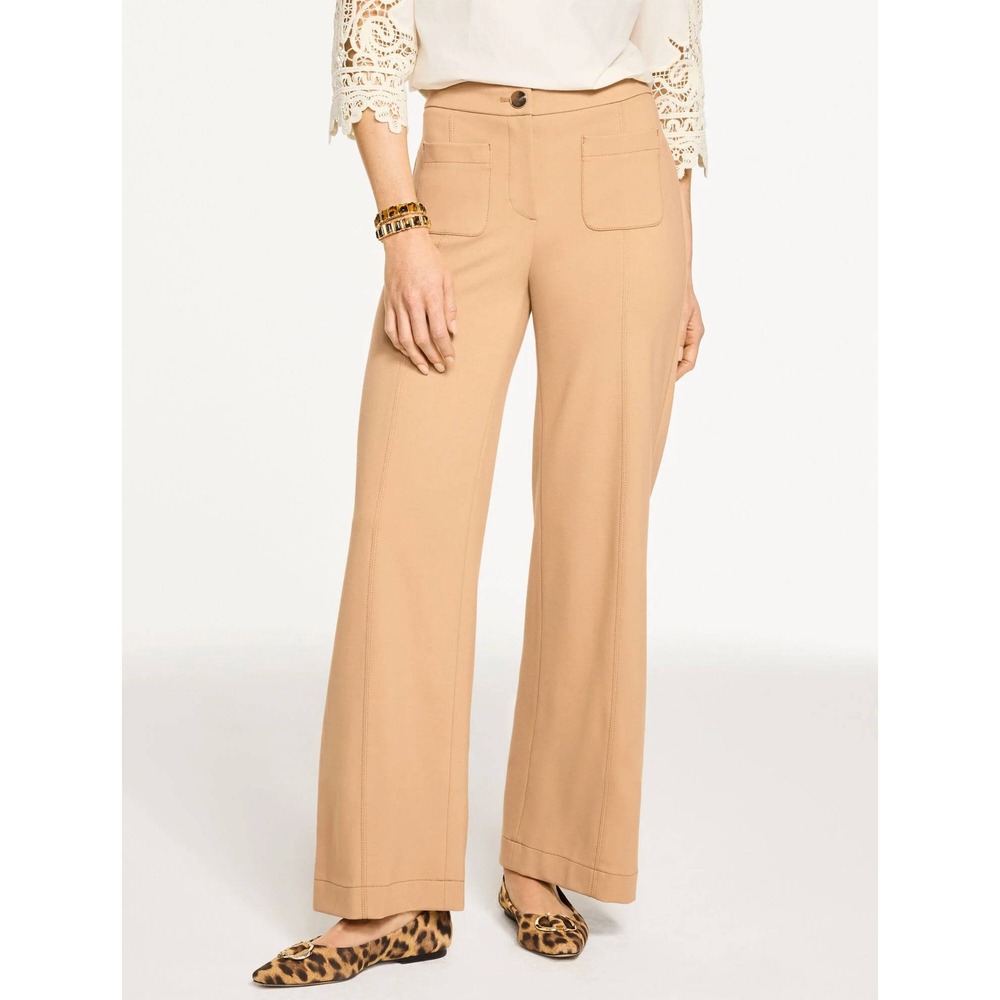 Talbots Womens 14P Camel Tan Wide Leg Pants Stretch Ponte Patch‎ Pocket New